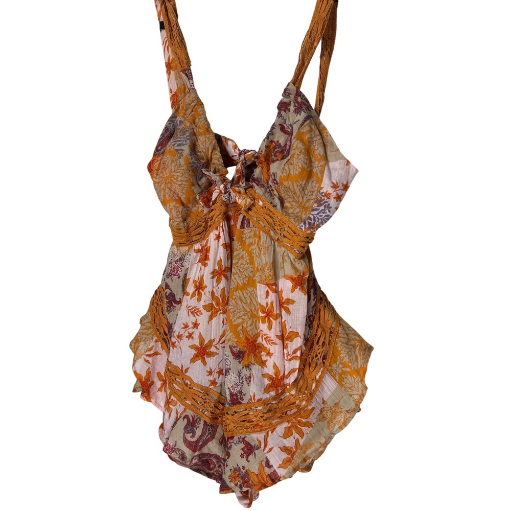 Free People Bali-Oletta Romper Red Orange Patchwork Crochet Trim XS Retail: $128